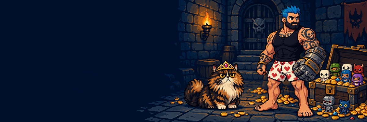 DCC inspired pixel dungeon loot scene with Ryan and crowned Donut
